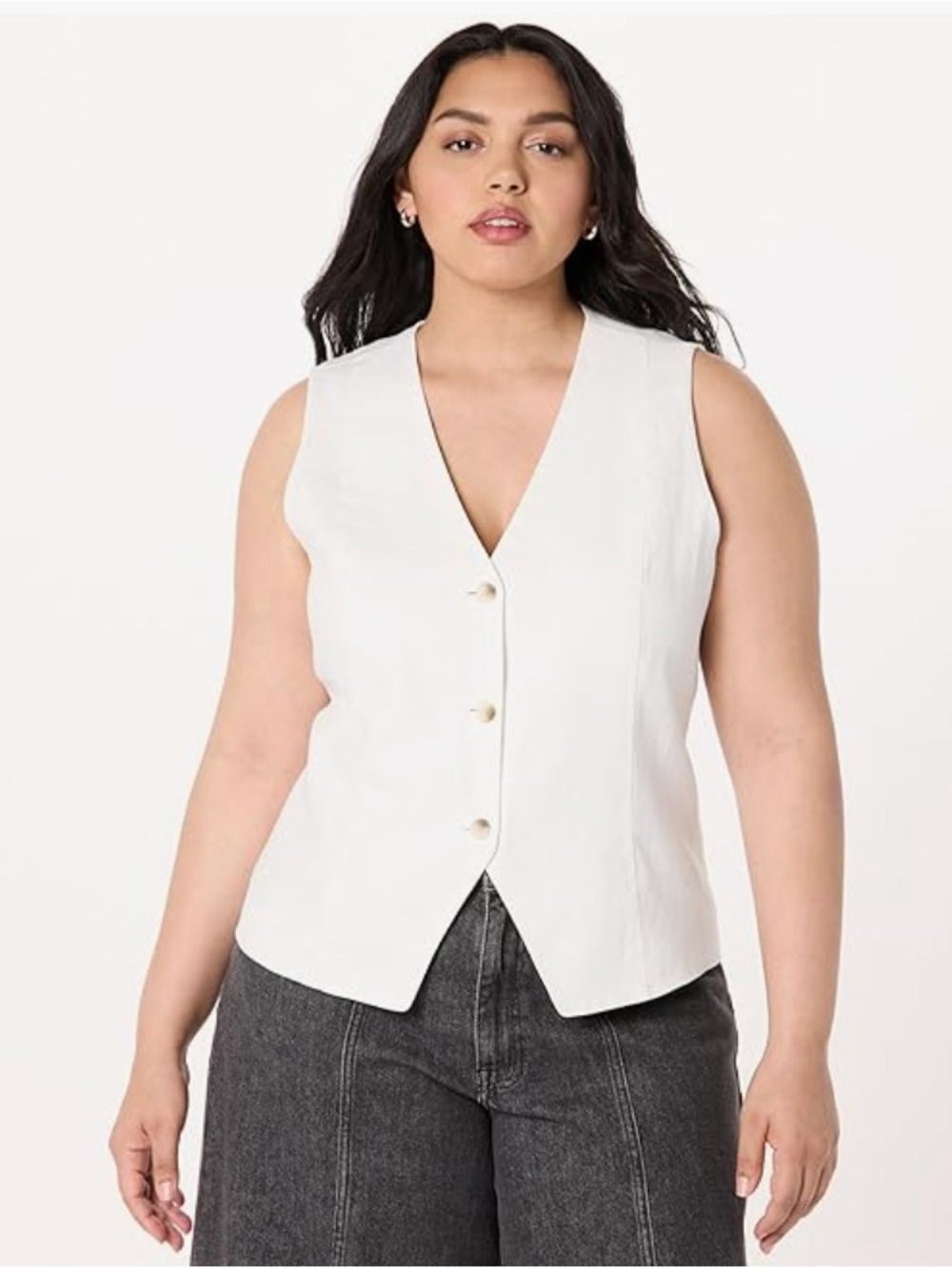 Sleeveless V-Neck Button Front Top - Cream - Picture 3 of 7